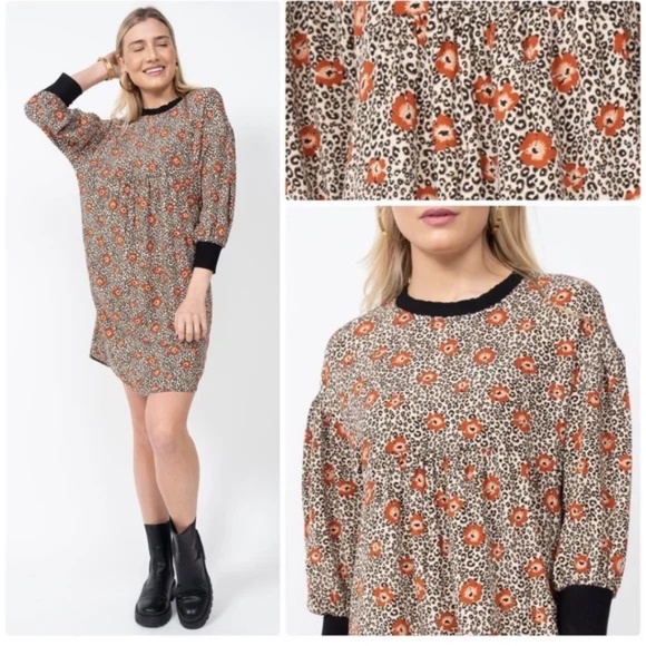 NWT Uncle Frank Floral Leopard Print Tunic Shift Dress Babydoll Boho M/L - Picture 2 of 11